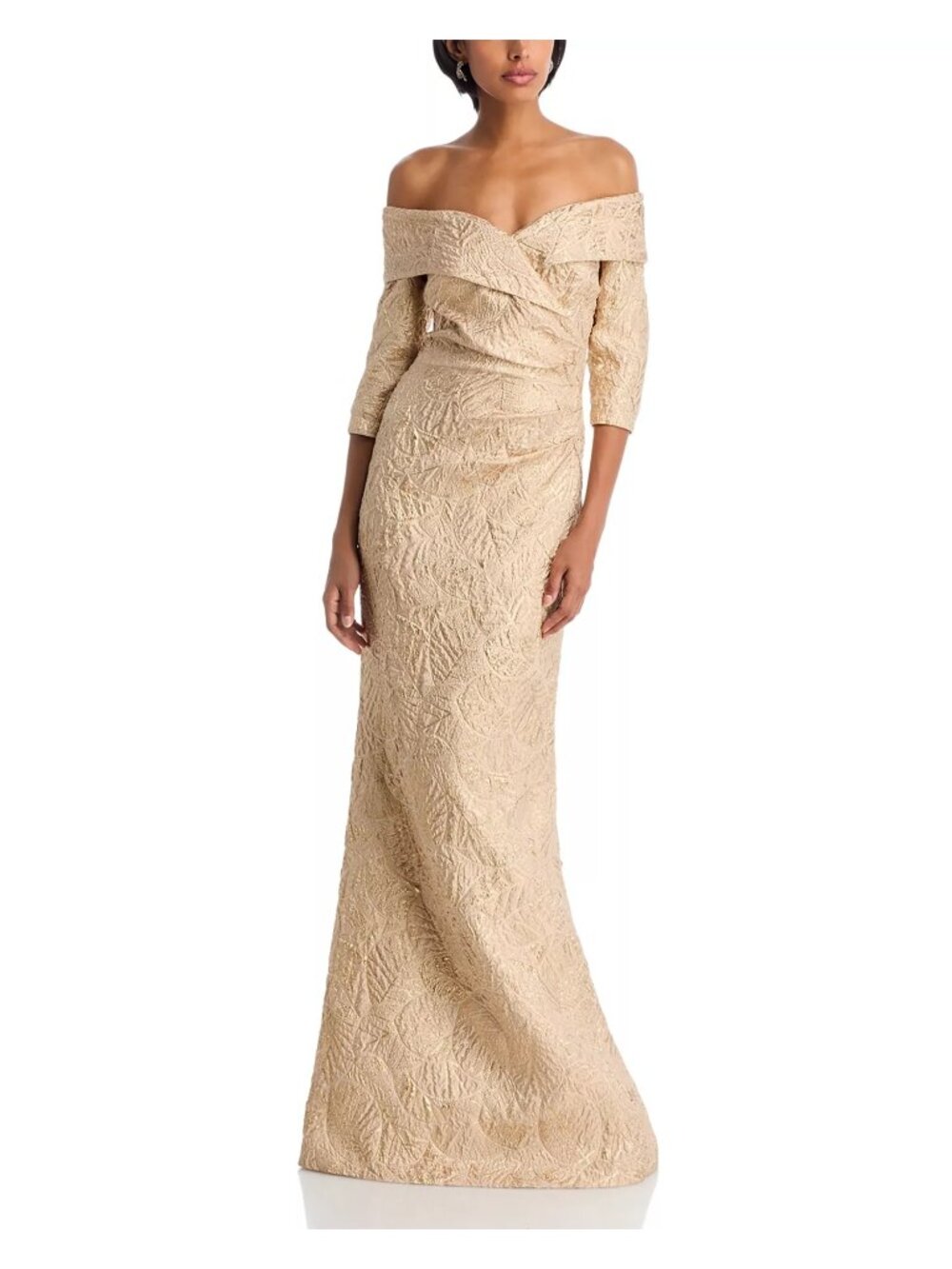 NWT Teri Jon Off-The-Shoulder Metallic Jacquard Gown Champagne Size 16
